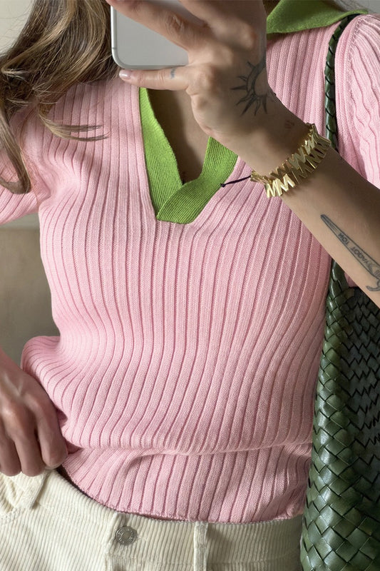 Contrast Collar Ribbed Polo Knit Sweater