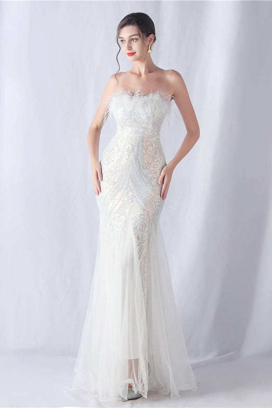Ostrich Feather Sequin Evening Party Dress White / S