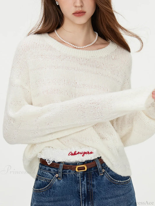 8.7% Wool Round Neck Drop Sleeve Sweater Beige / S