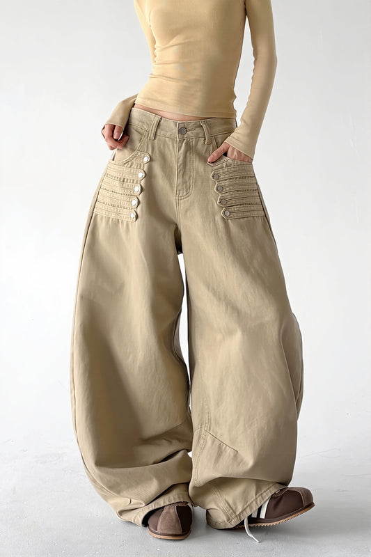 Side Button Khaki Wide Leg Jeans