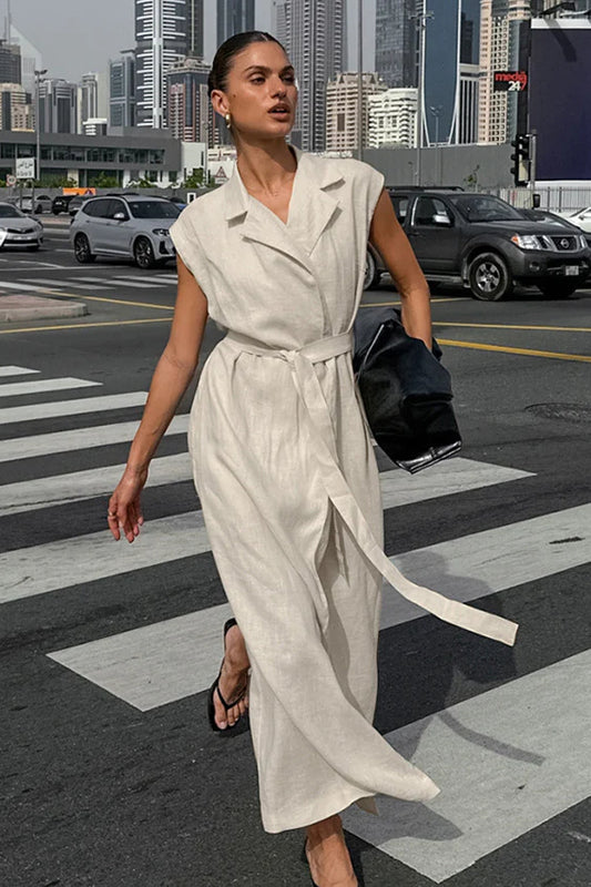 Khaki Cotton Linen Belted Shirt Maxi Dress
