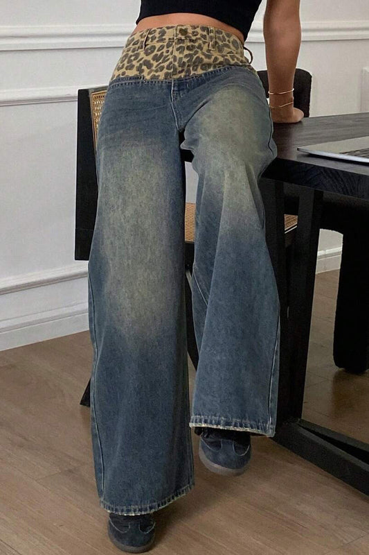 Vintage Jeans mit weitem Bein und Leoparden-Patch