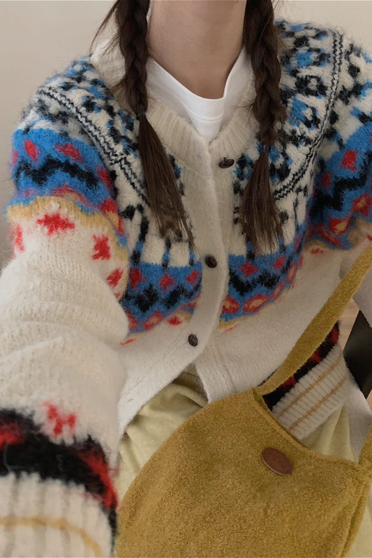 Vintage Fair Isle Jacquard Colorblock Knit Cardigan