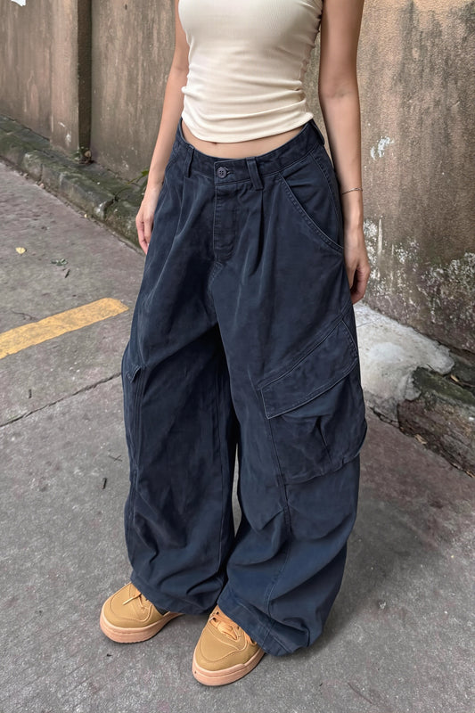 Washed Pleated Wide Leg Cargo Pants
