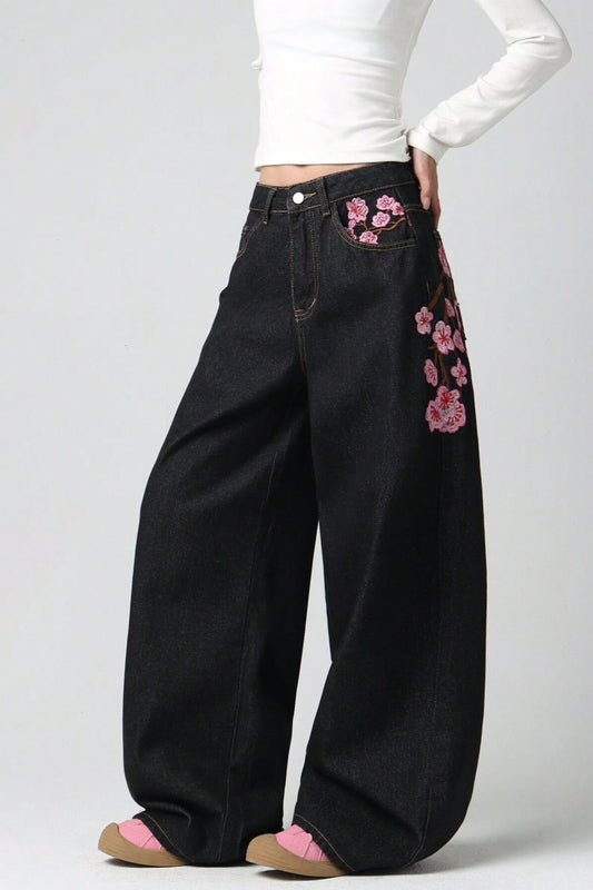 Chic Y2K Vintage Embroidered Wide Leg Jeans