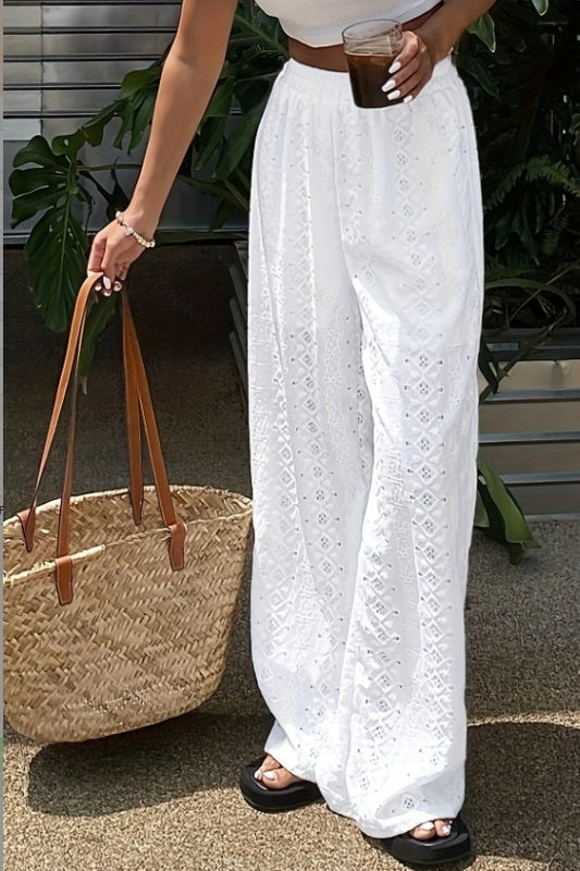 Solid Cutout Embroidered Elastic Waist Pants