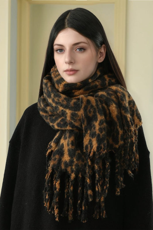 Faux Cashmere Leopard Print Thick Fringed Scarf