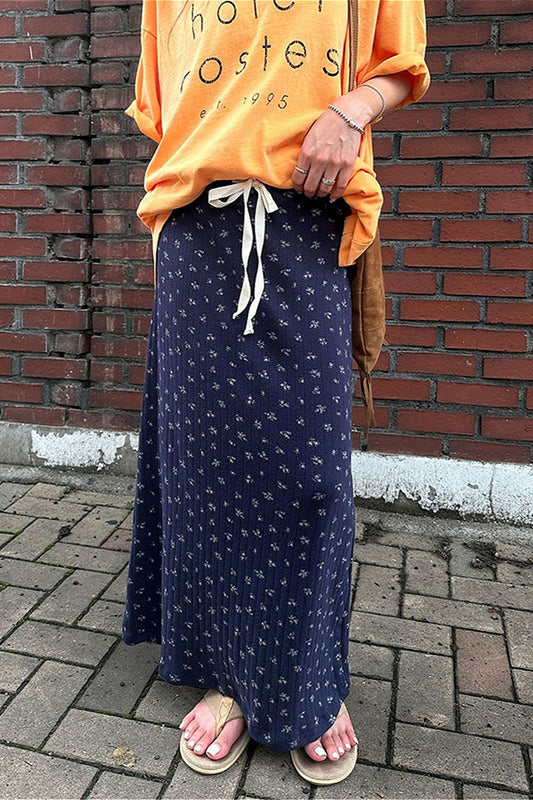 Drawstring Floral Print Navy Casual Skirt