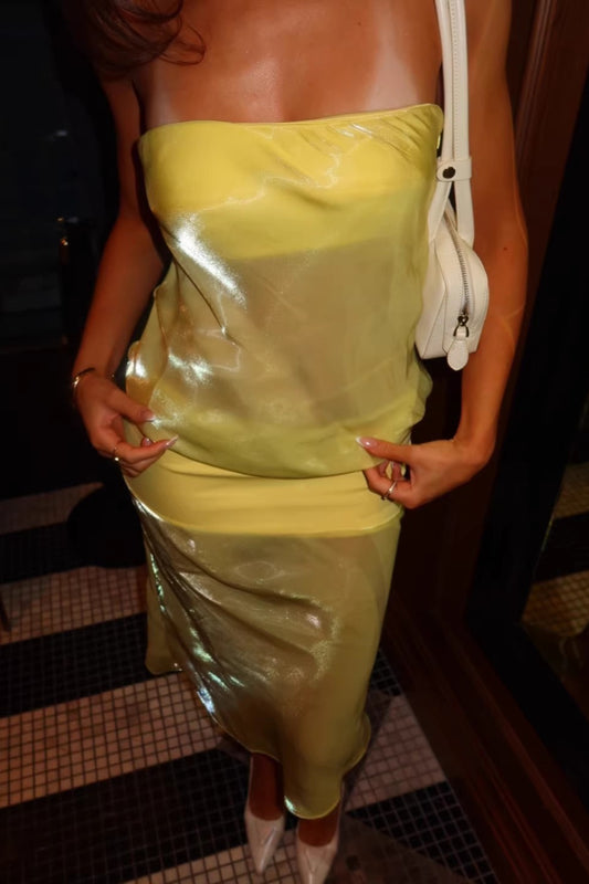 Glossy Panel Strapless Midi Dress