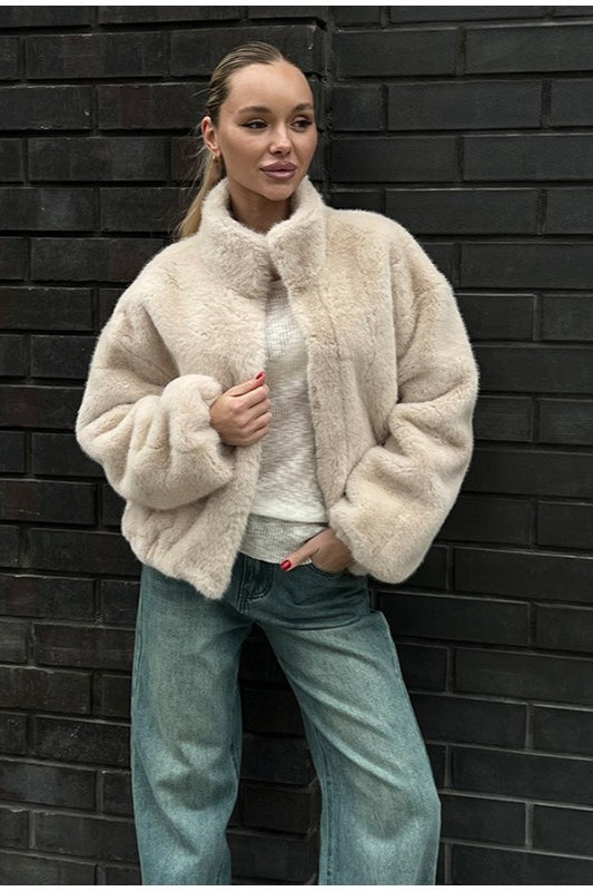 Stand Collar Faux Fur Cropped Jacket S / Beige