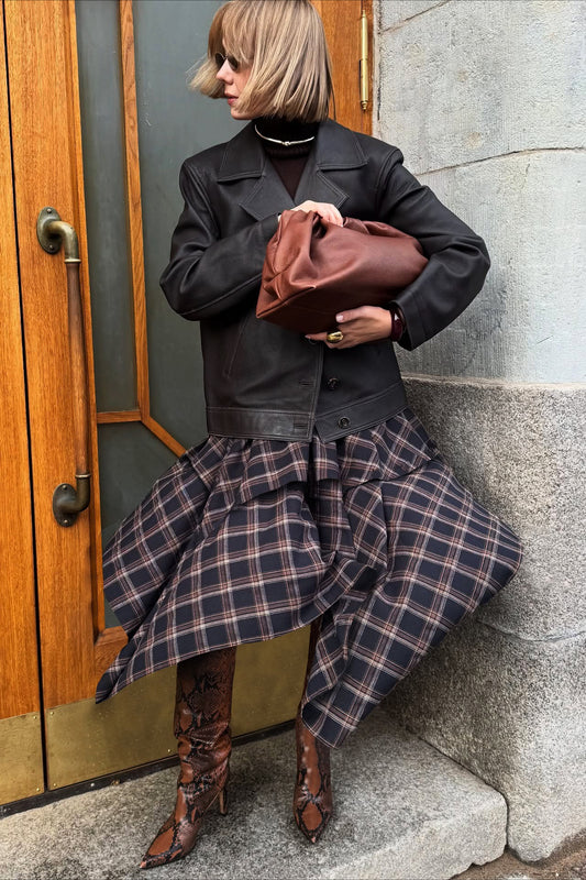 Asymmetric Plaid Midi Skirt