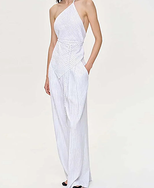 Apricot Print Halter Lace-Up Pants Office Two Piece Set