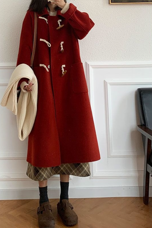Petite Red Thickened Wool Horn Button Outerwear