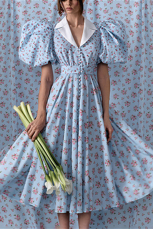 Puff Sleeve Collared High Waist Buttoned A Line Floral Dress