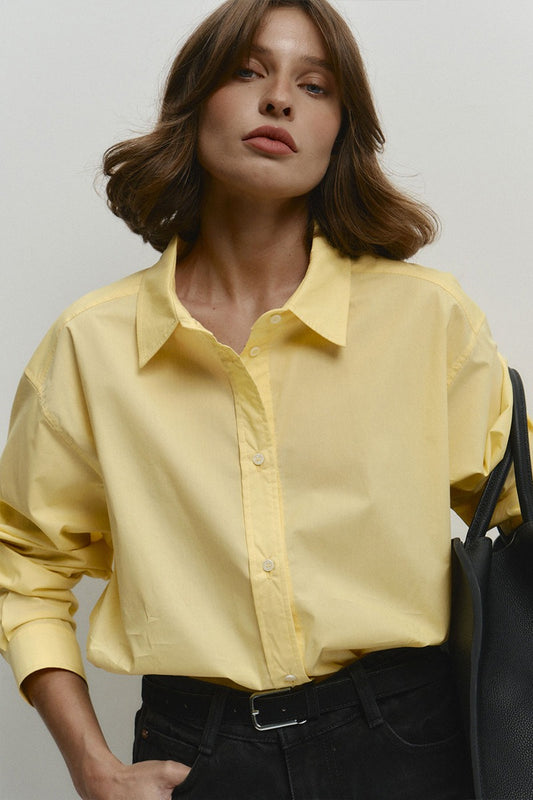 Cotton Yellow Button Down Loose Commuter Blouse