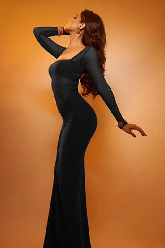 Figurbetontes Maxikleid mit eckigem Ausschnitt und Netzeinsatz