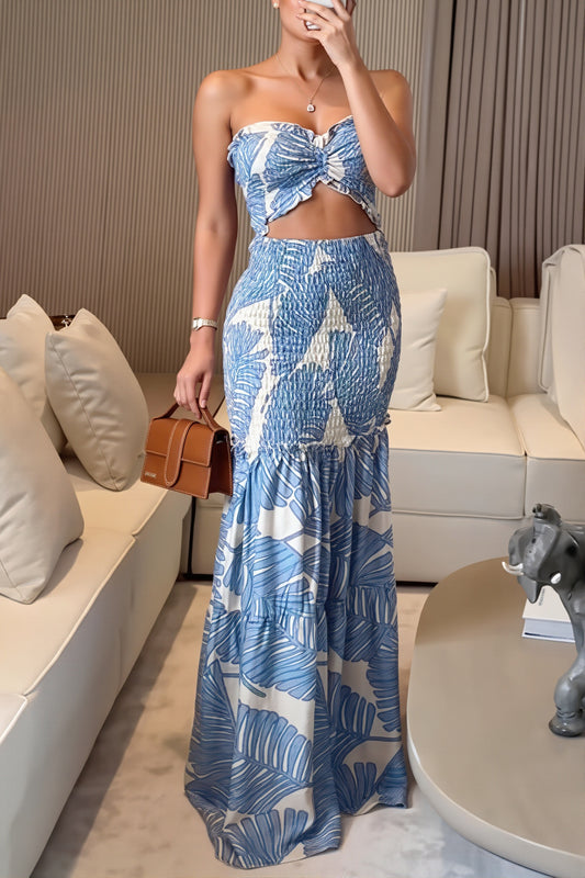 Tropical Print Bow Bandeau Maxi Dress