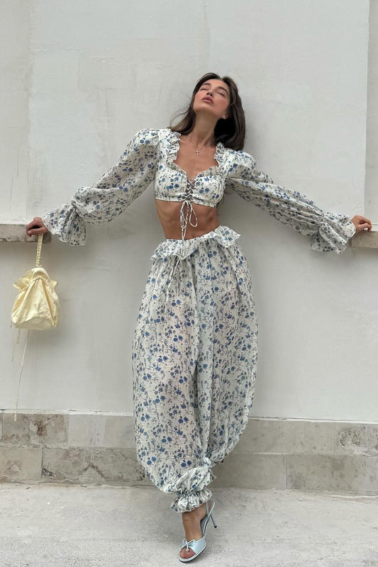 Floral Tie Front Square Neck Ruffled Cropped Top Low Waist Jogger Pants Two Piece Set