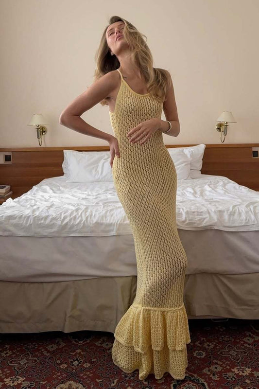 Boho Ruffle Knit Sexy Cutout Sheer Cami Maxi Dress