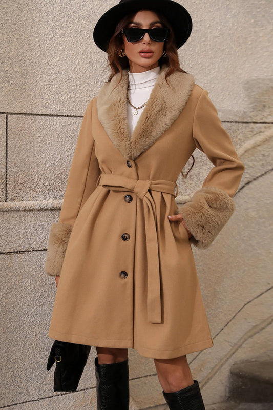 Fur Collar Belted Midi Trench Coat