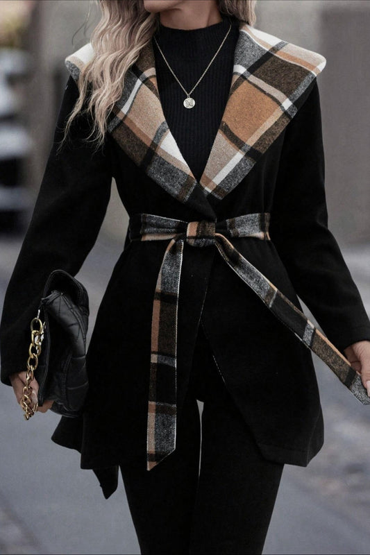 Plaid Color Block Tie Waist Wool Blend Coat Black / XS