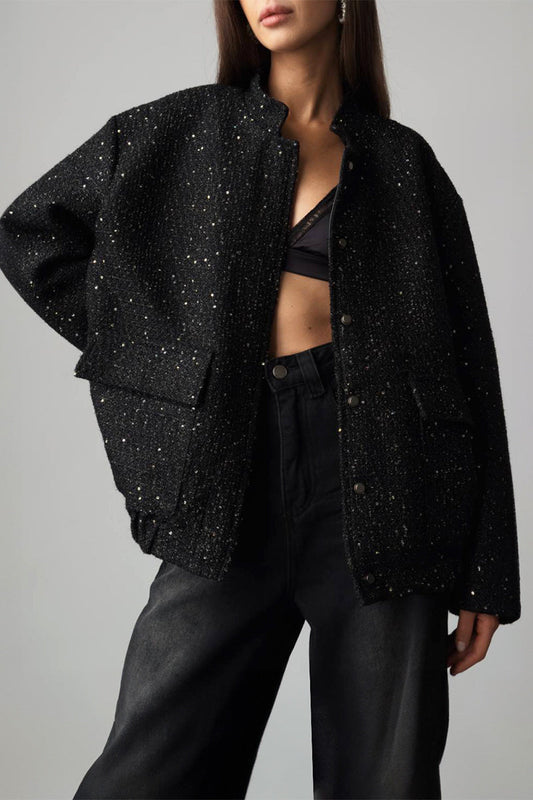 Sequin Stand Collar Pocket Jacket
