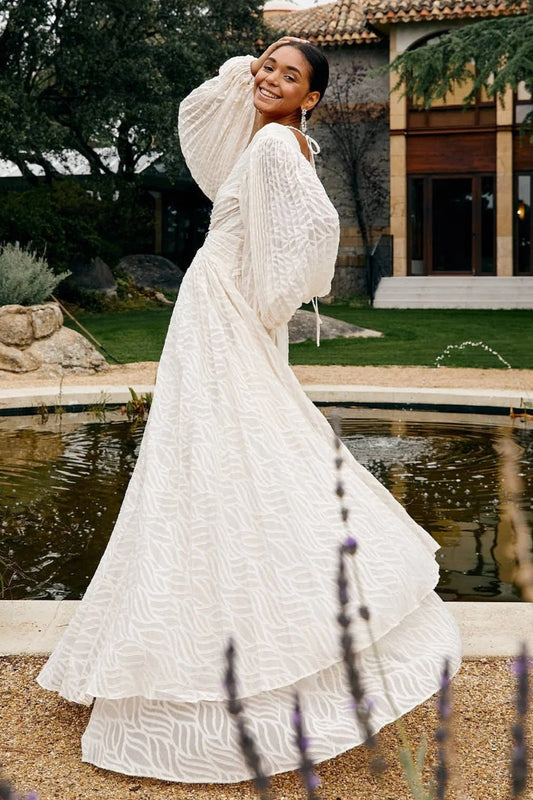 Full Flare Jacquard Ruched Puff Sleeve Backless Tie Maxi Dress