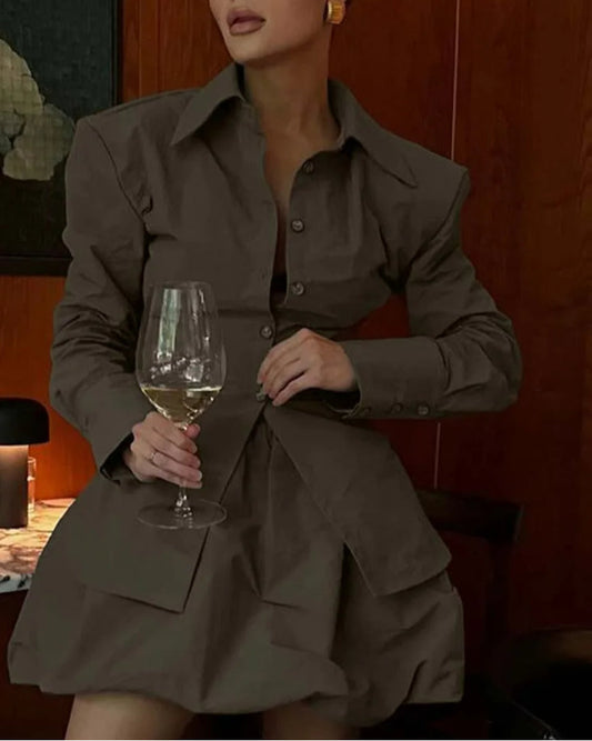 Brown Nylon Lapel Mini Skirt Office Two Piece Set