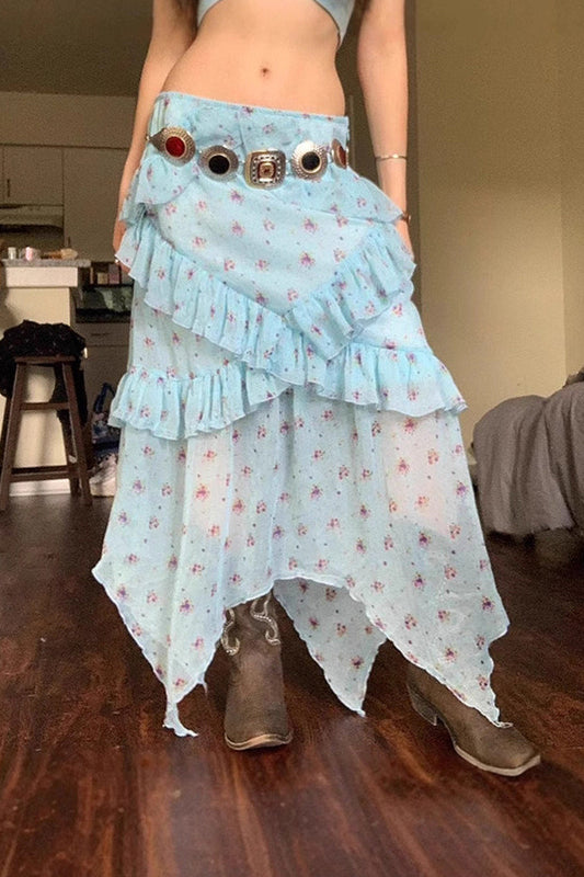 Sheer Floral Low Waist Asymmetrical Ruffle A Line Skirt