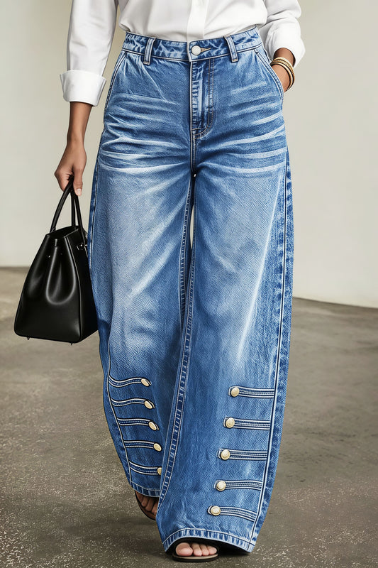 Button Side High Rise Wide Leg Jeans