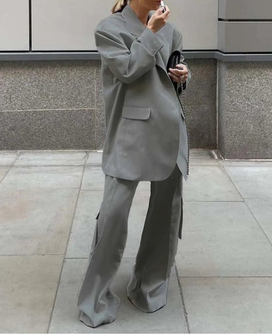 Grey Pocket Shirt Cargo Pants Office Two Piece Set