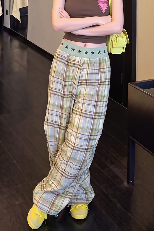 Star Waist Plaid Wide Leg Pants