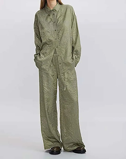 Green Pleated Drawstring Trousers Office Two Piece Set