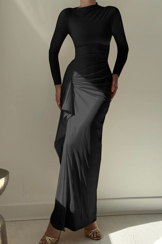 Slim Fit Pleated Long Sleeve Maxi Dress S / Black