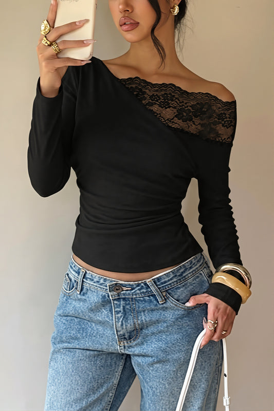 Lace Panel Asymmetric Off Shoulder Blouse