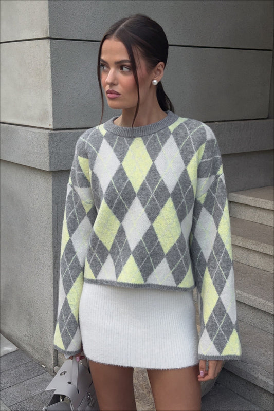 Argyle Knit Green Color Block Loose Crewneck Sweater
