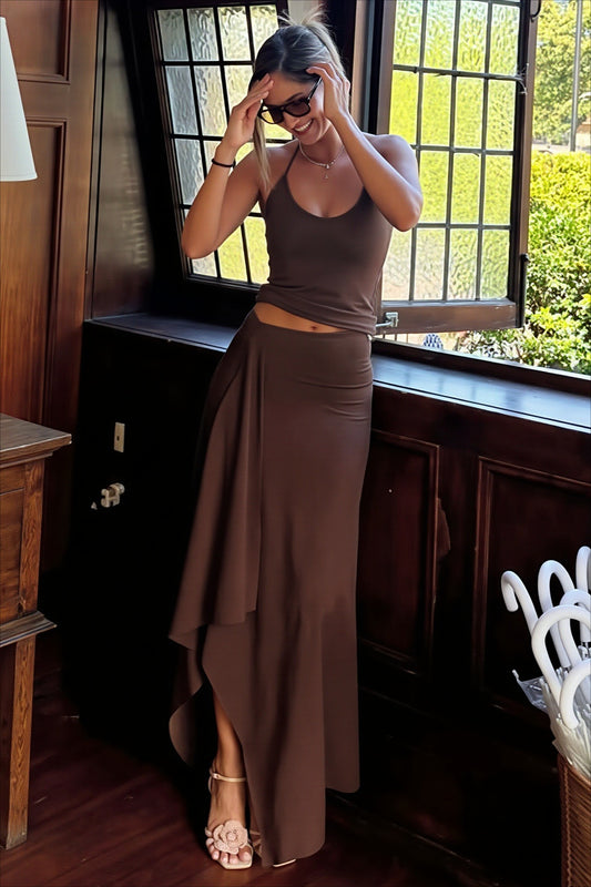 Solid Halter Asymmetric Maxi Skirt Set