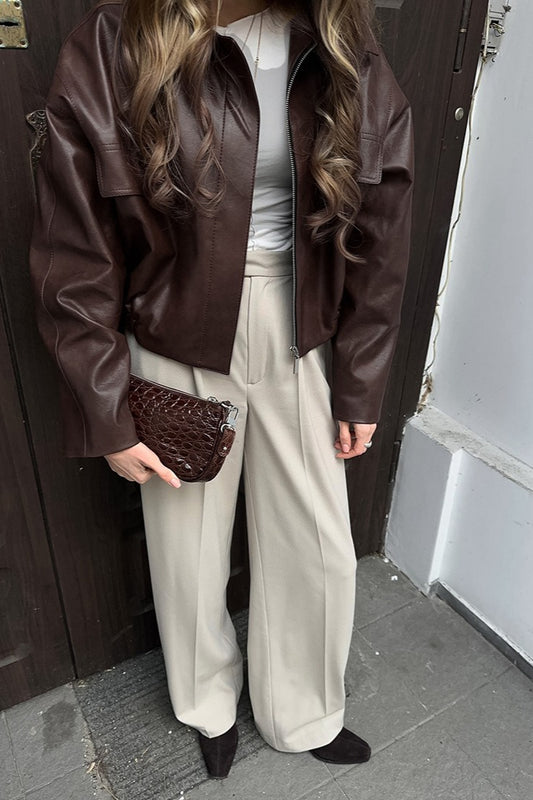 Veste rétro en cuir PU marron