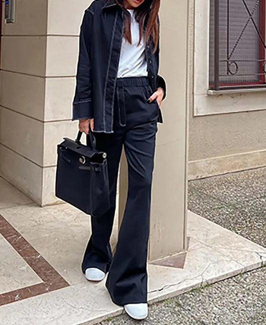 Navy Blue Button Pockets Trousers Office Two Piece Set
