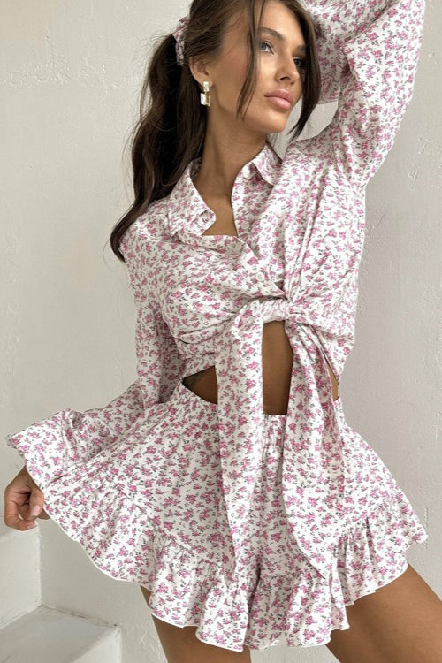 Floral Long Sleeve Lapel Ruffle Shorts Two Piece Set