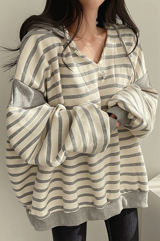 Striped V Neck Pullover Hoodie