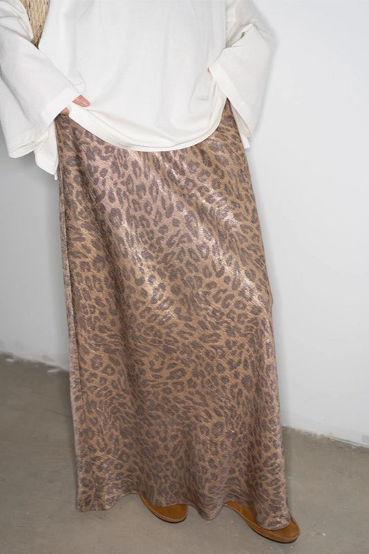 Leopard Print Elastic Waist Straight-Cut Maxi Skirt
