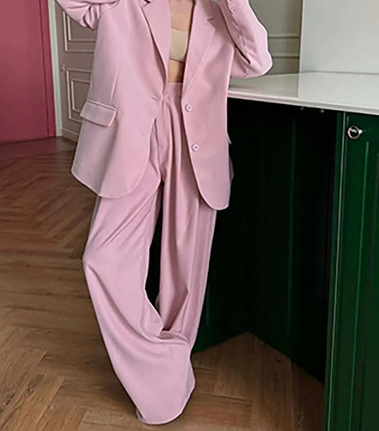 Pink Pockets Blazer Straight Trousers Office Two Piece Set