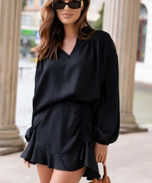 Black V-Neck Ruffled Mini Office Two Piece Set