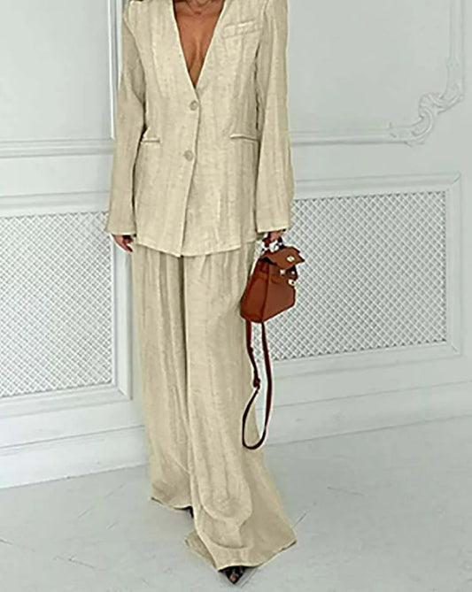 Khaki Deep V-Neck Loose Trousers Office Two Piece Set