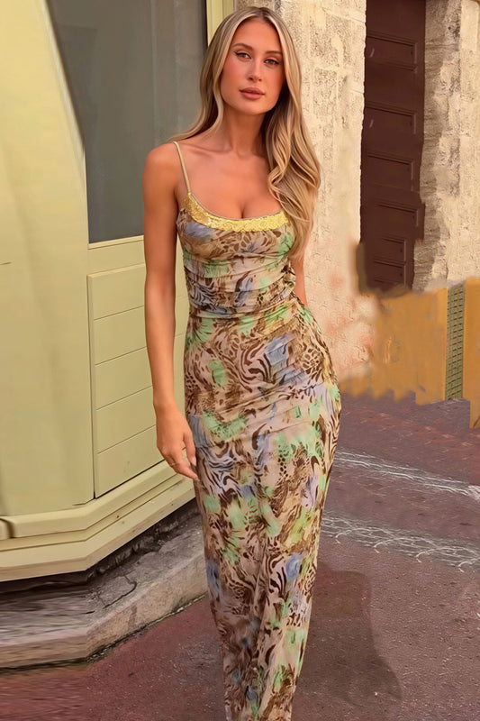 Leopard Print Sexy Cutout Backless Cami Maxi Dress