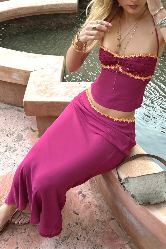 Contrast Trim Halter Top Maxi Skirt Set