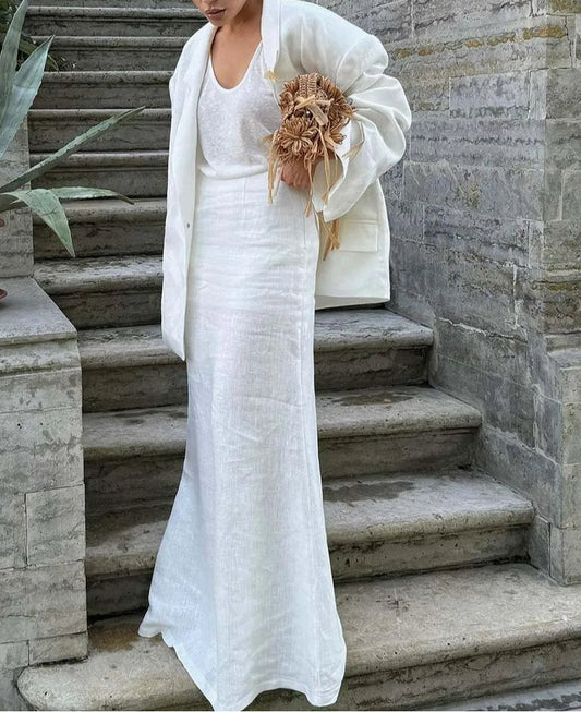 White Pockets Blazer Floor Skirt Office Two Piece Set