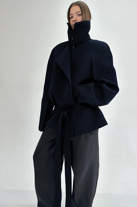 Solid Asymmetrical High Stand Collar Loose Tie Waist Coat