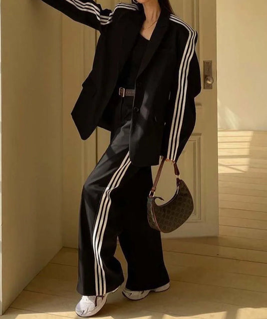 Black Patchwork High Waist Trousers Office Two Piece Set